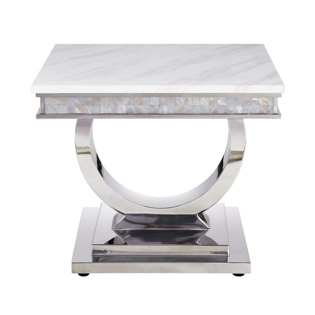 20" Silver And White Marble Look Stainless Steel Square End Table Image 2