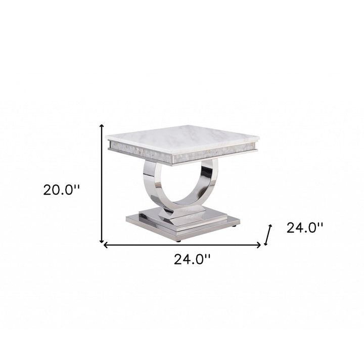 20" Silver And White Marble Look Stainless Steel Square End Table Image 4