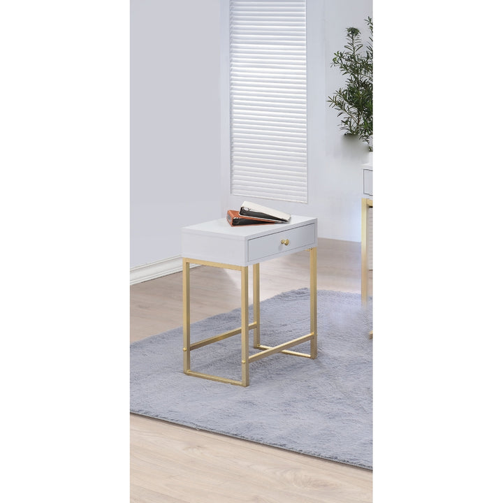 24" Gold And White Solid Wood End Table With Drawer Image 3