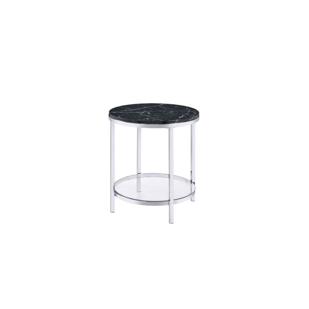 25" Chrome And Black Faux Marble And Metal Round End Table With Shelf Image 1