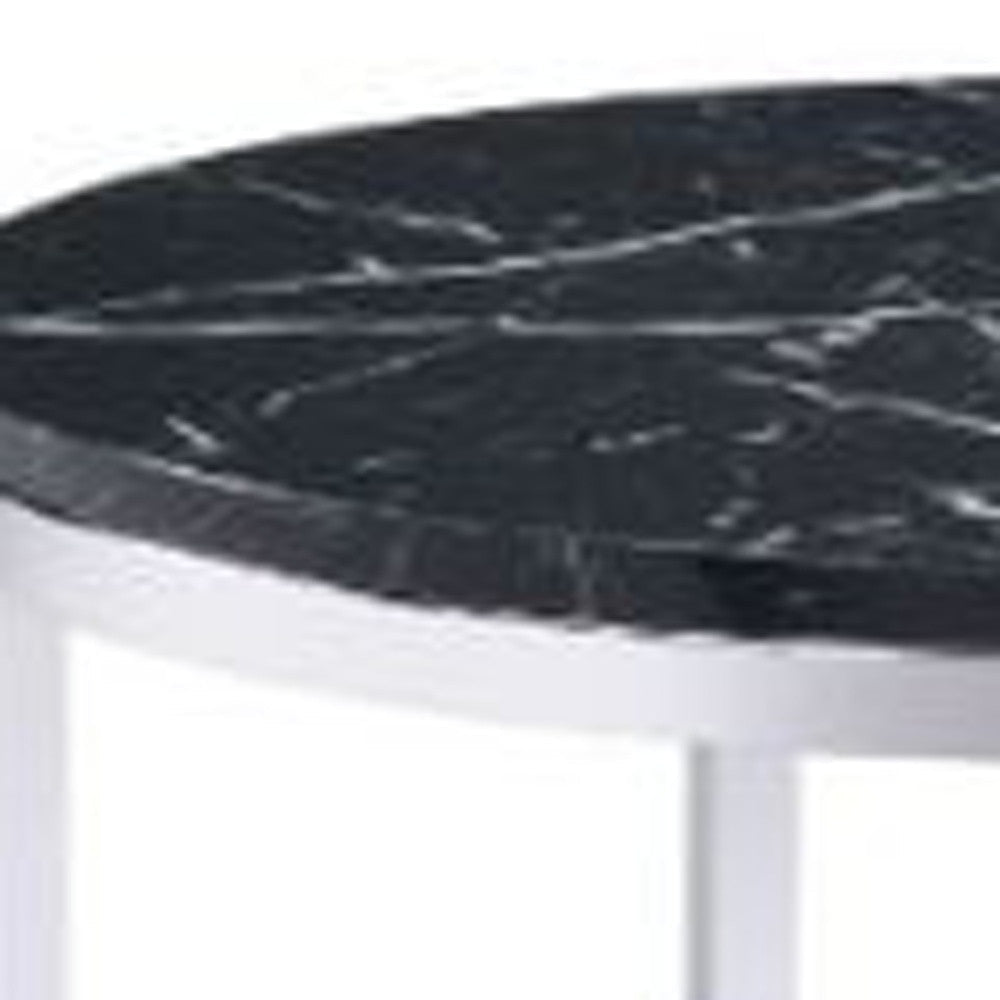 25" Chrome And Black Faux Marble And Metal Round End Table With Shelf Image 3