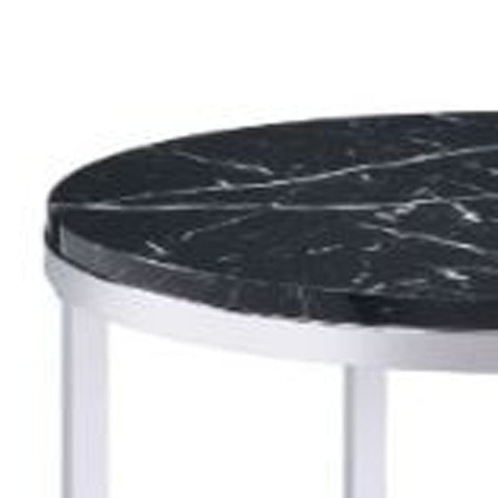 25" Chrome And Black Faux Marble And Metal Round End Table With Shelf Image 4