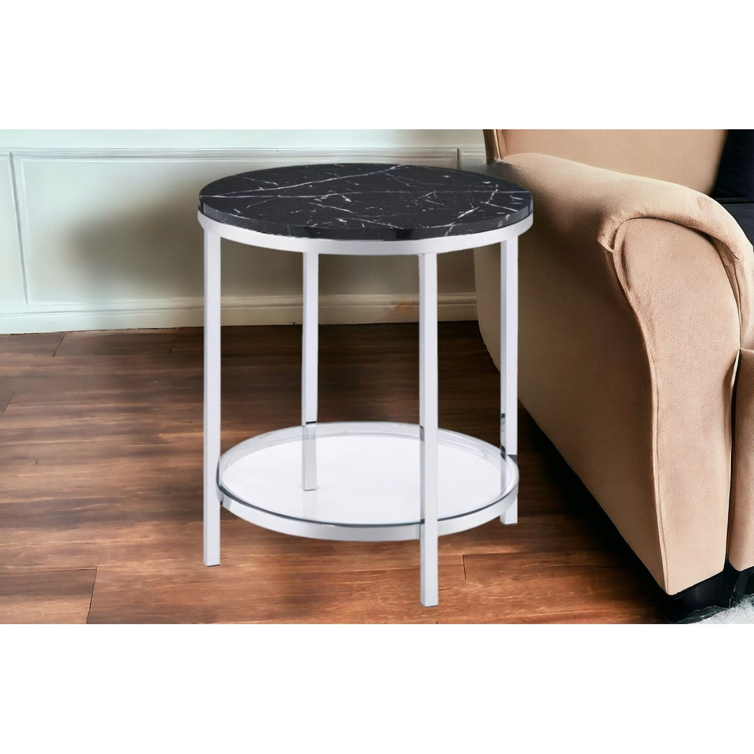 25" Chrome And Black Faux Marble And Metal Round End Table With Shelf Image 5