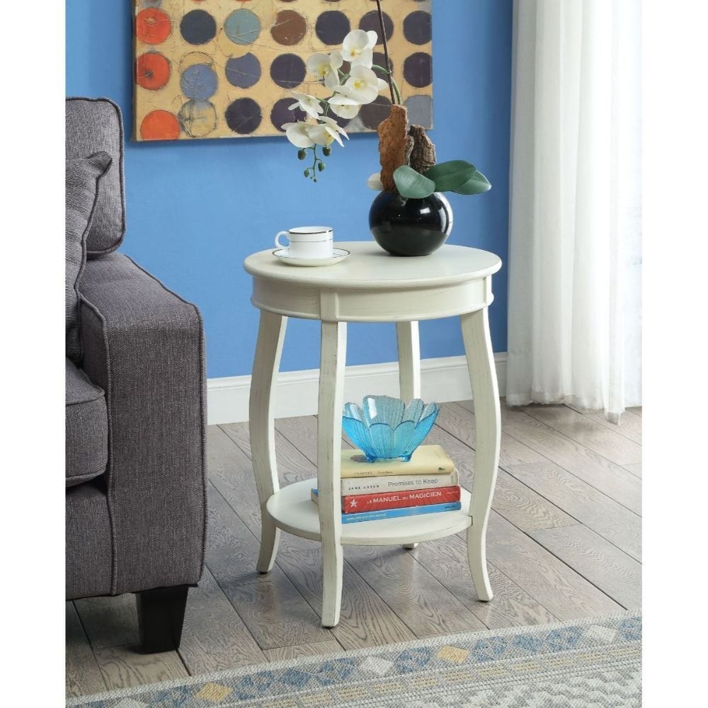 24" White Solid Wood Round End Table With Shelf Image 4