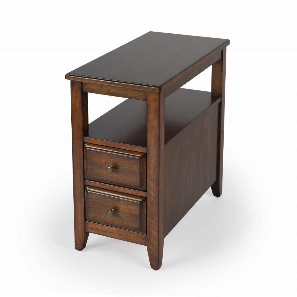 24" Cherry Brown Narrow End Table With Two Drawers And Shelf Image 1