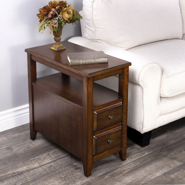 24" Cherry Brown Narrow End Table With Two Drawers And Shelf Image 2