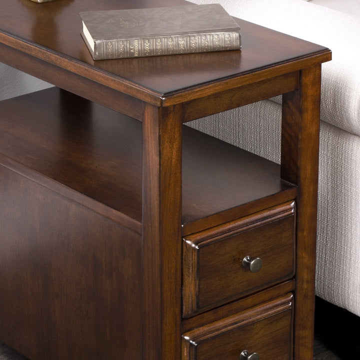 24" Cherry Brown Narrow End Table With Two Drawers And Shelf Image 3