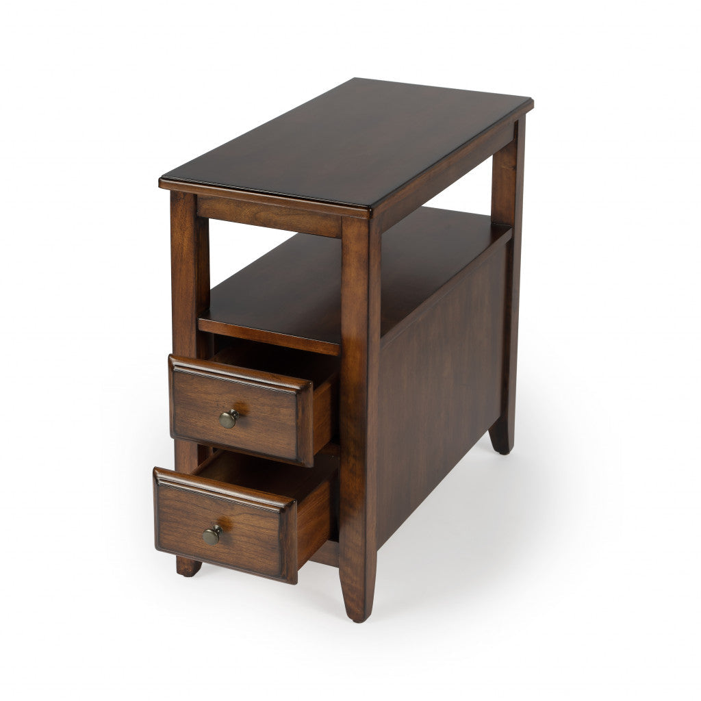 24" Cherry Brown Narrow End Table With Two Drawers And Shelf Image 5