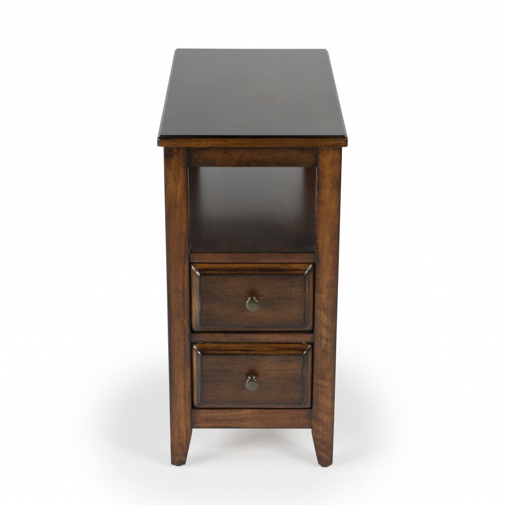 24" Cherry Brown Narrow End Table With Two Drawers And Shelf Image 6