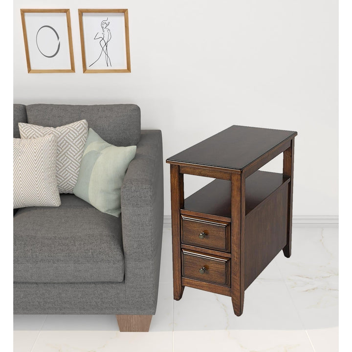 24" Cherry Brown Narrow End Table With Two Drawers And Shelf Image 10