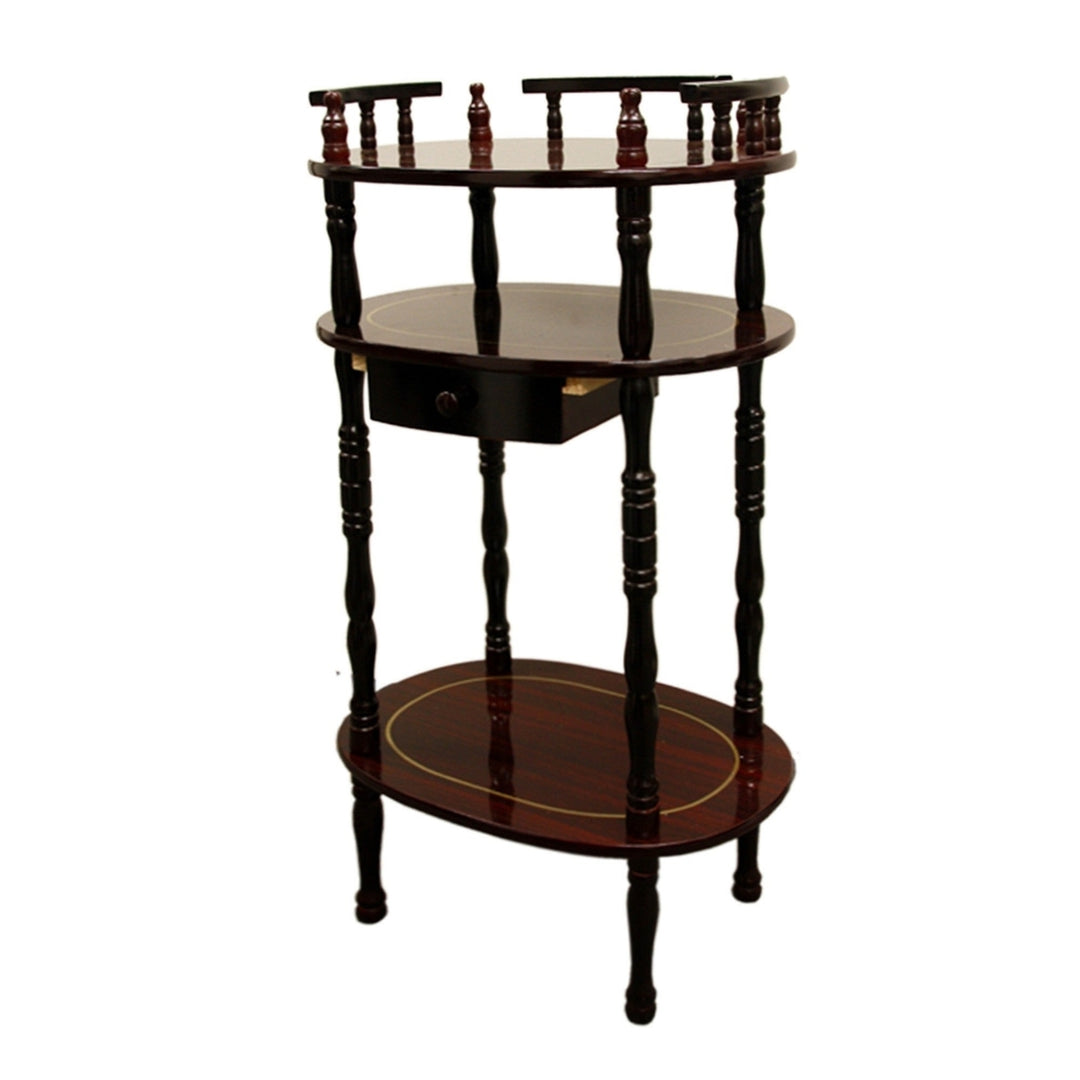 28" Brown Oval End Table With Drawer And Two Shelves Image 2