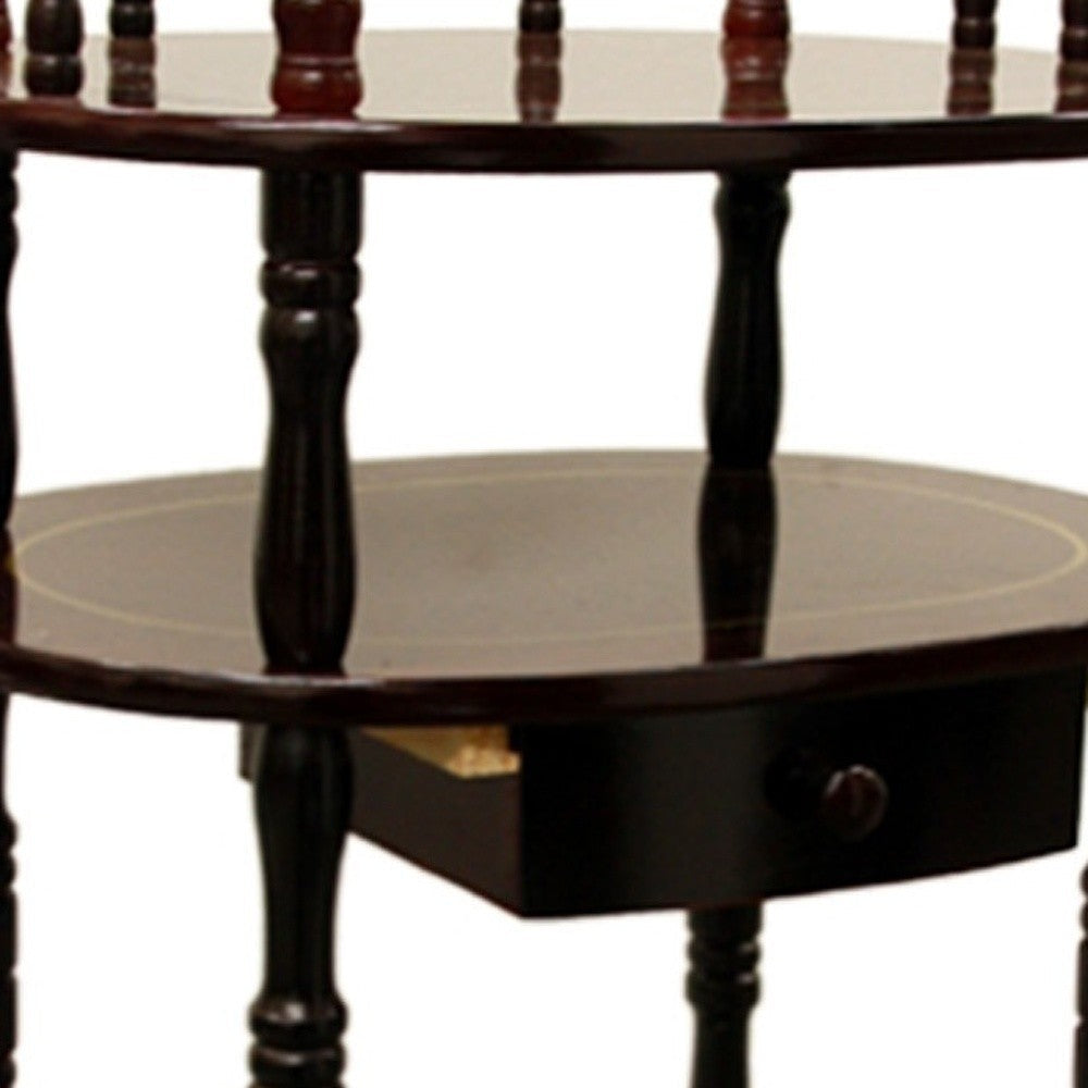 28" Brown Oval End Table With Drawer And Two Shelves Image 4