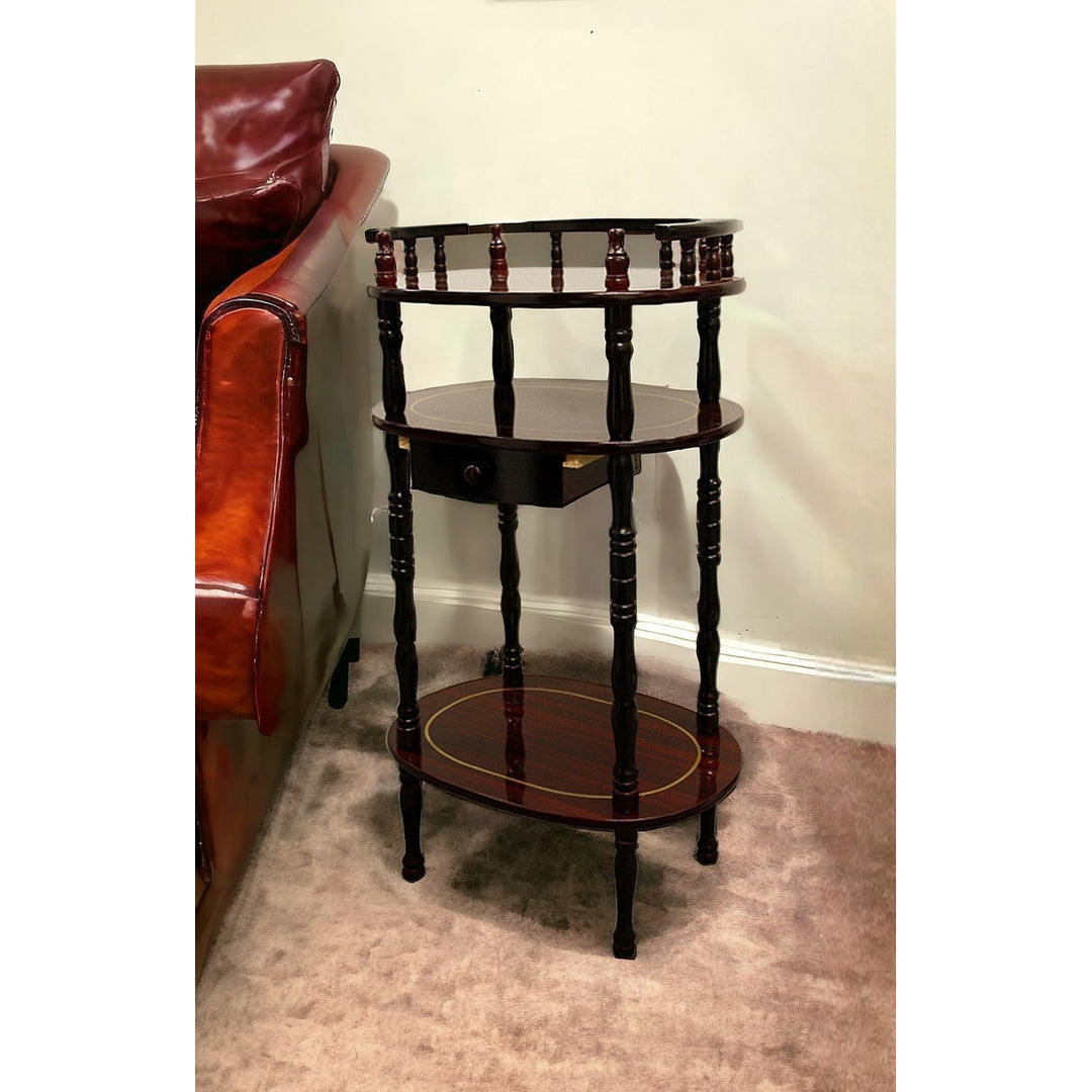 28" Brown Oval End Table With Drawer And Two Shelves Image 6