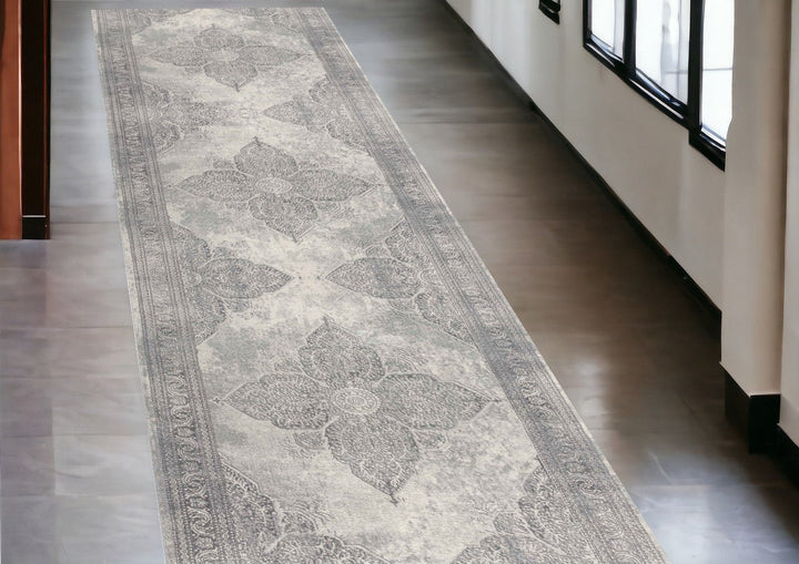 2 X 10 Gray Distressed Medallion Runner Rug Image 2