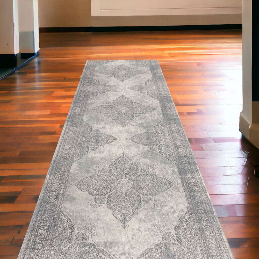 2 X 10 Gray Distressed Medallion Runner Rug Image 1