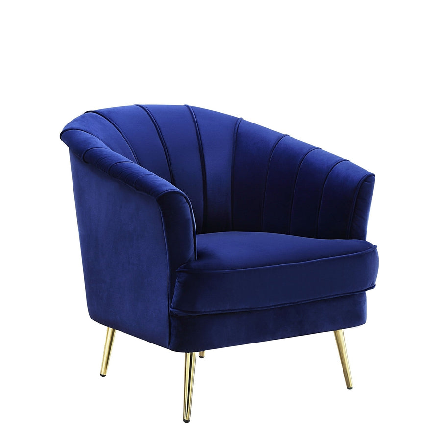 31" Blue Velvet And Gold Striped Barrel Chair Image 1