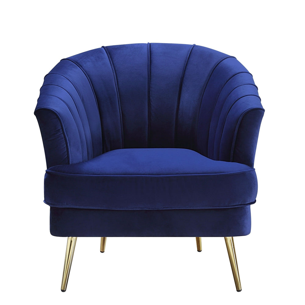 31" Blue Velvet And Gold Striped Barrel Chair Image 2