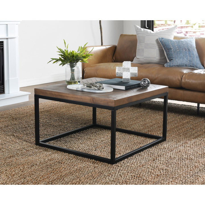 30" Brown And Black Solid Wood And Iron Square Distressed Coffee Table Image 4