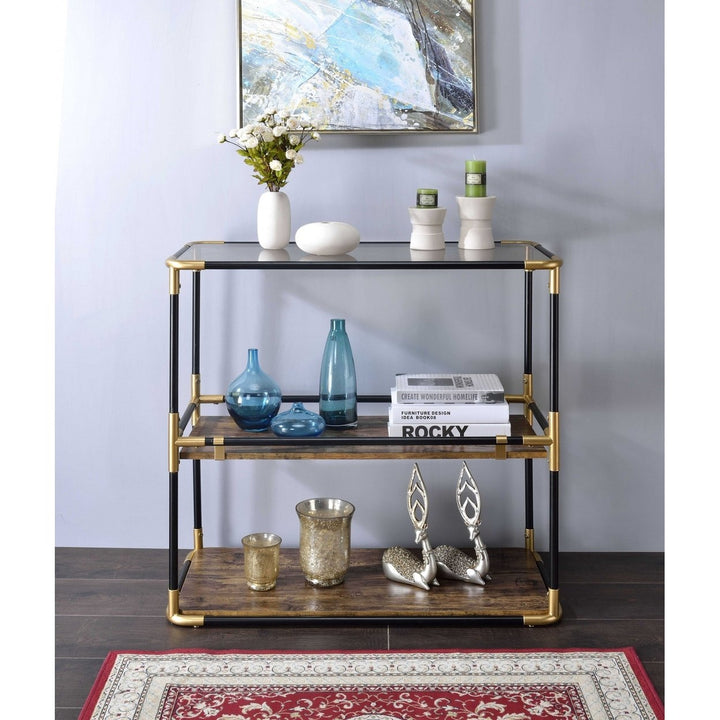 33" Black and Gold And Clear Glass End Table With Two Shelves With Magazine Holder Image 2