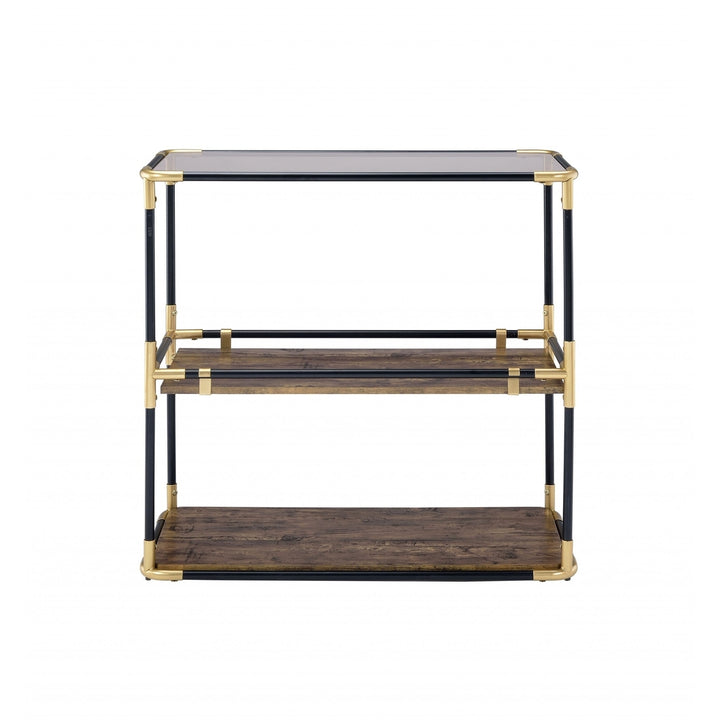 33" Black and Gold And Clear Glass End Table With Two Shelves With Magazine Holder Image 3