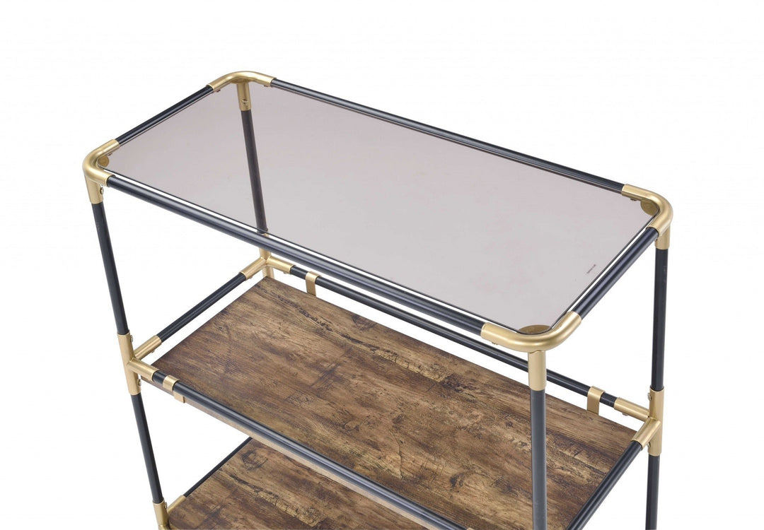 33" Black and Gold And Clear Glass End Table With Two Shelves With Magazine Holder Image 4