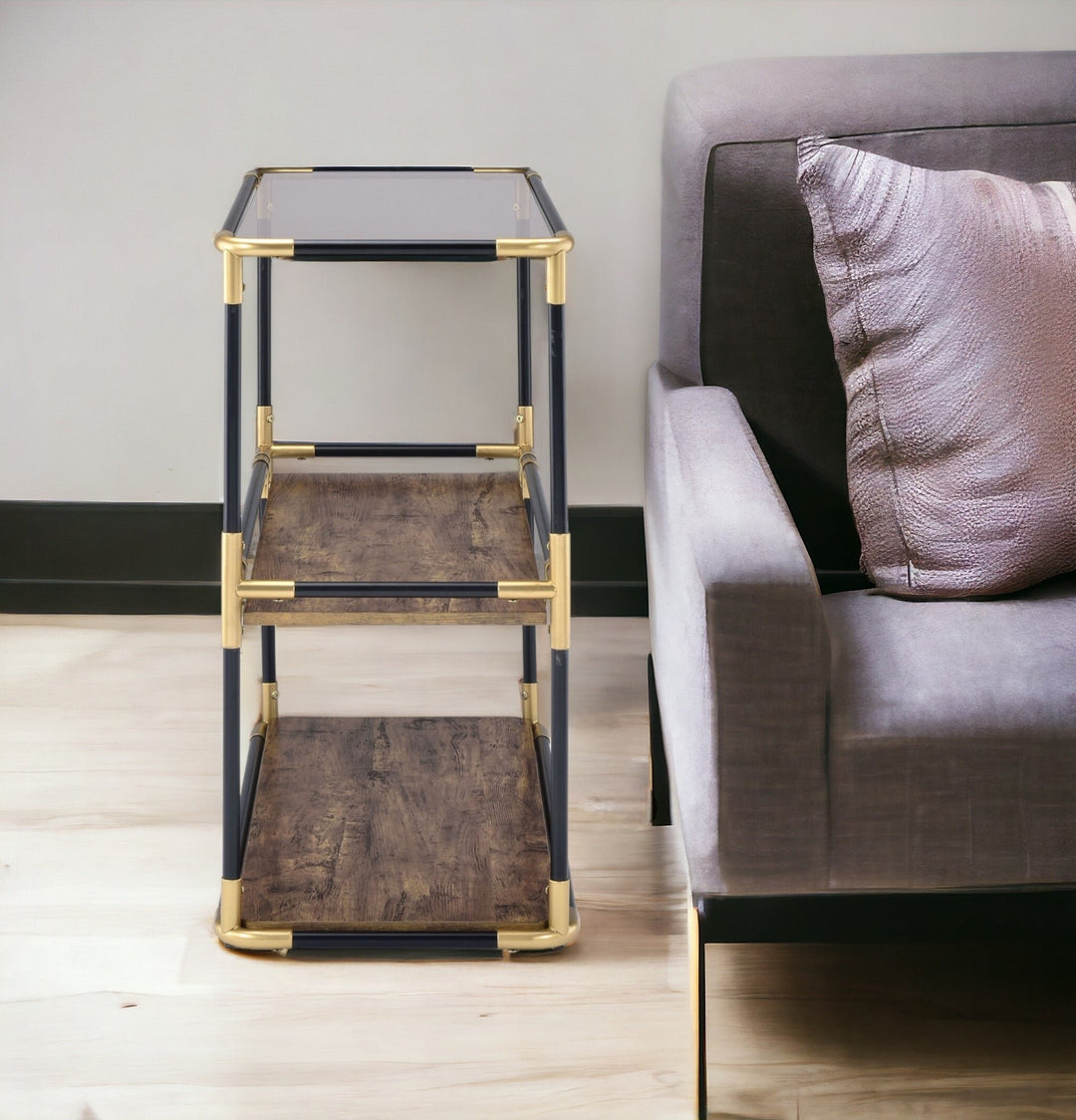 33" Black and Gold And Clear Glass End Table With Two Shelves With Magazine Holder Image 6