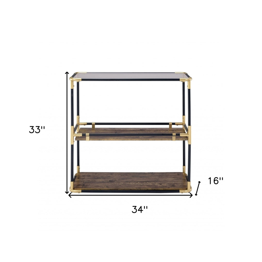 33" Black and Gold And Clear Glass End Table With Two Shelves With Magazine Holder Image 7