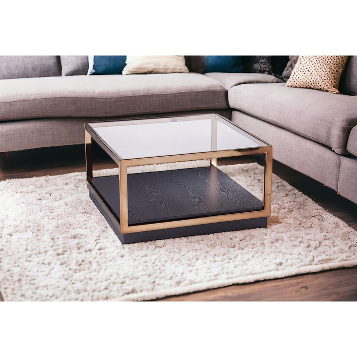 33" Champagne Glass And Solid Manufactured Wood Square Coffee Table Image 7