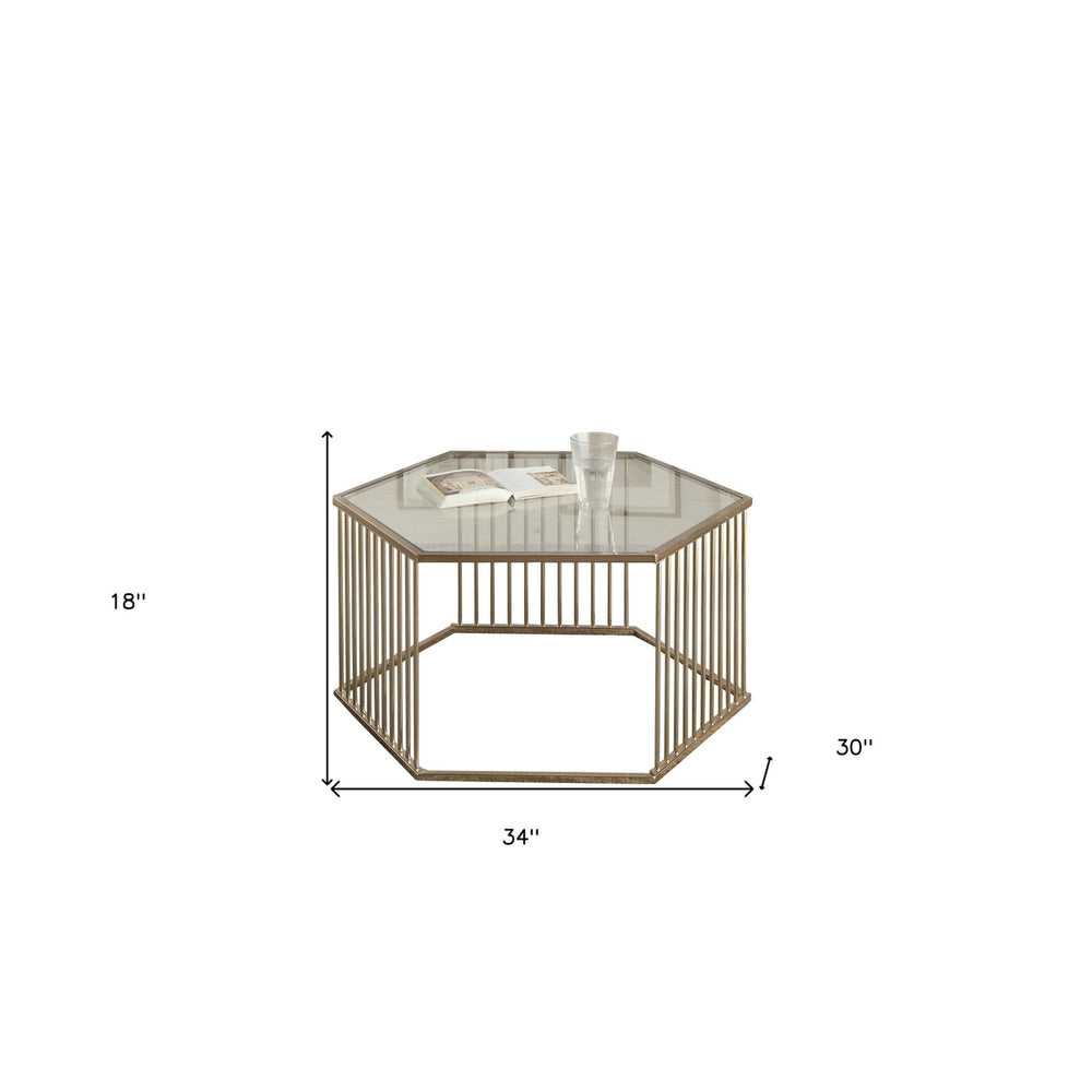 34" Champagne And Clear Glass And Metal Hexagon Coffee Table Image 2