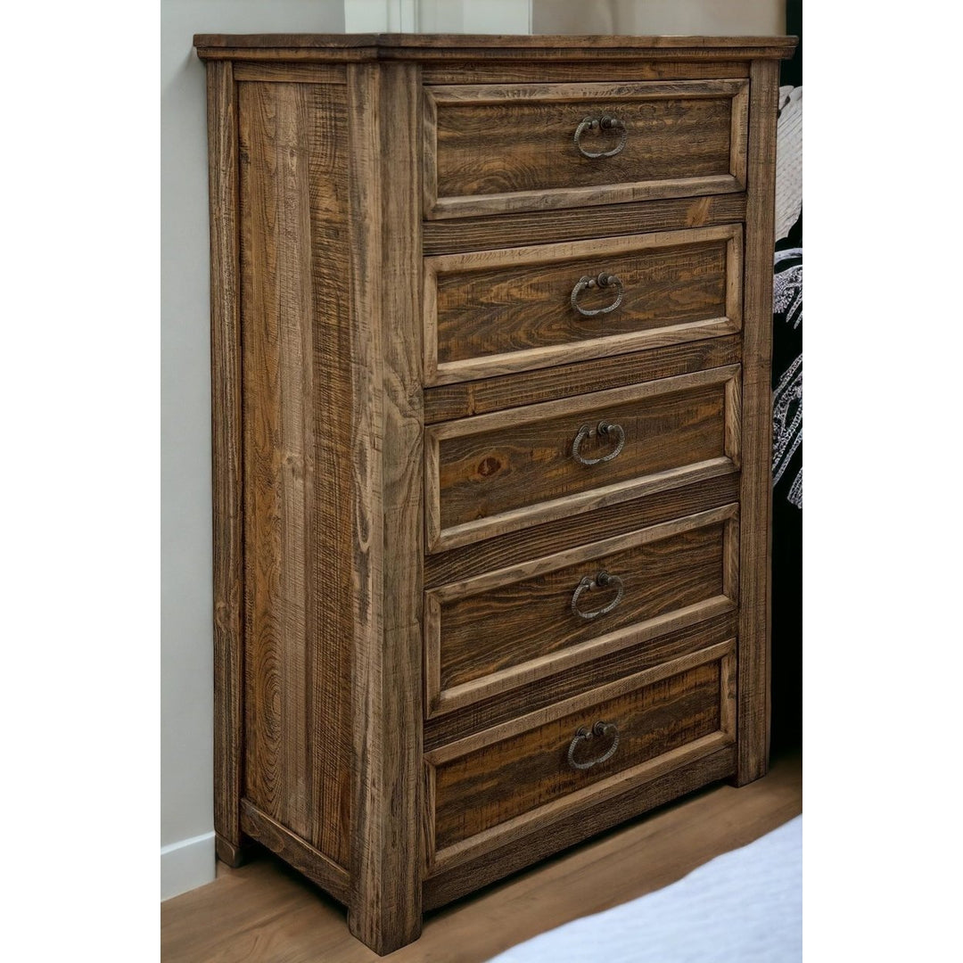 32" Brown Solid Wood Five Drawer Chest Image 6