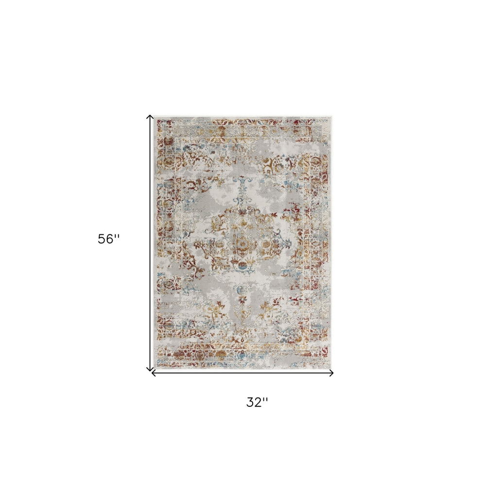 3 X 5 Gray And Beige Distressed Ornate Area Rug Image 2