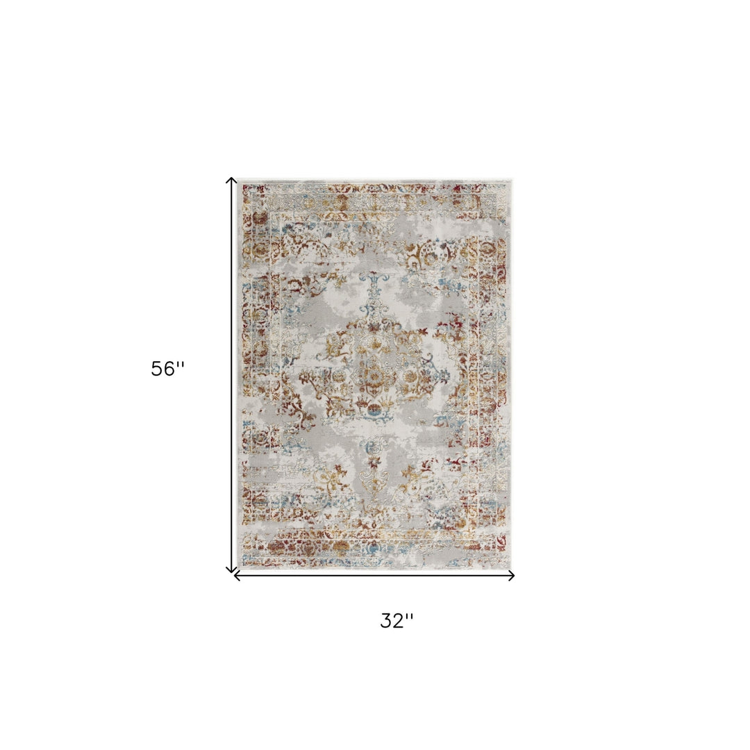 3 X 5 Gray And Beige Distressed Ornate Area Rug Image 2