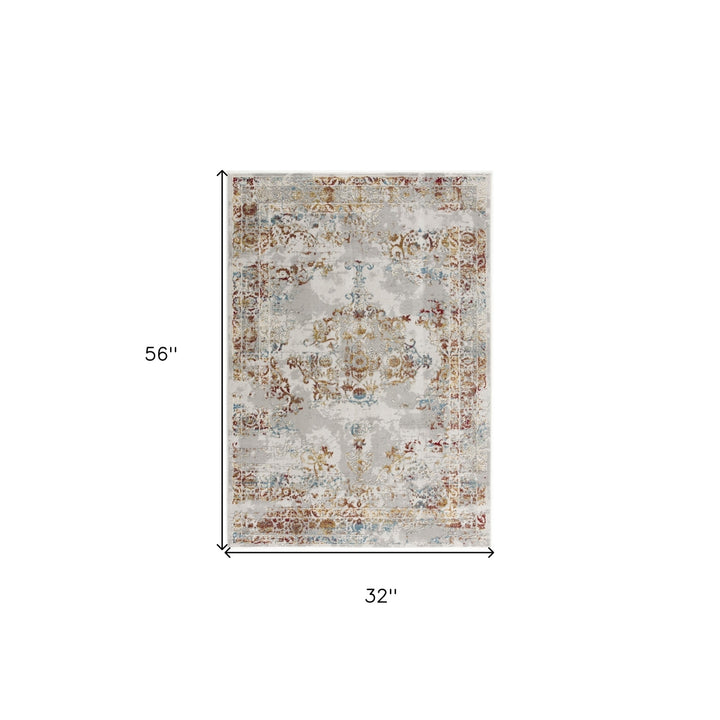 3 X 5 Gray And Beige Distressed Ornate Area Rug Image 2