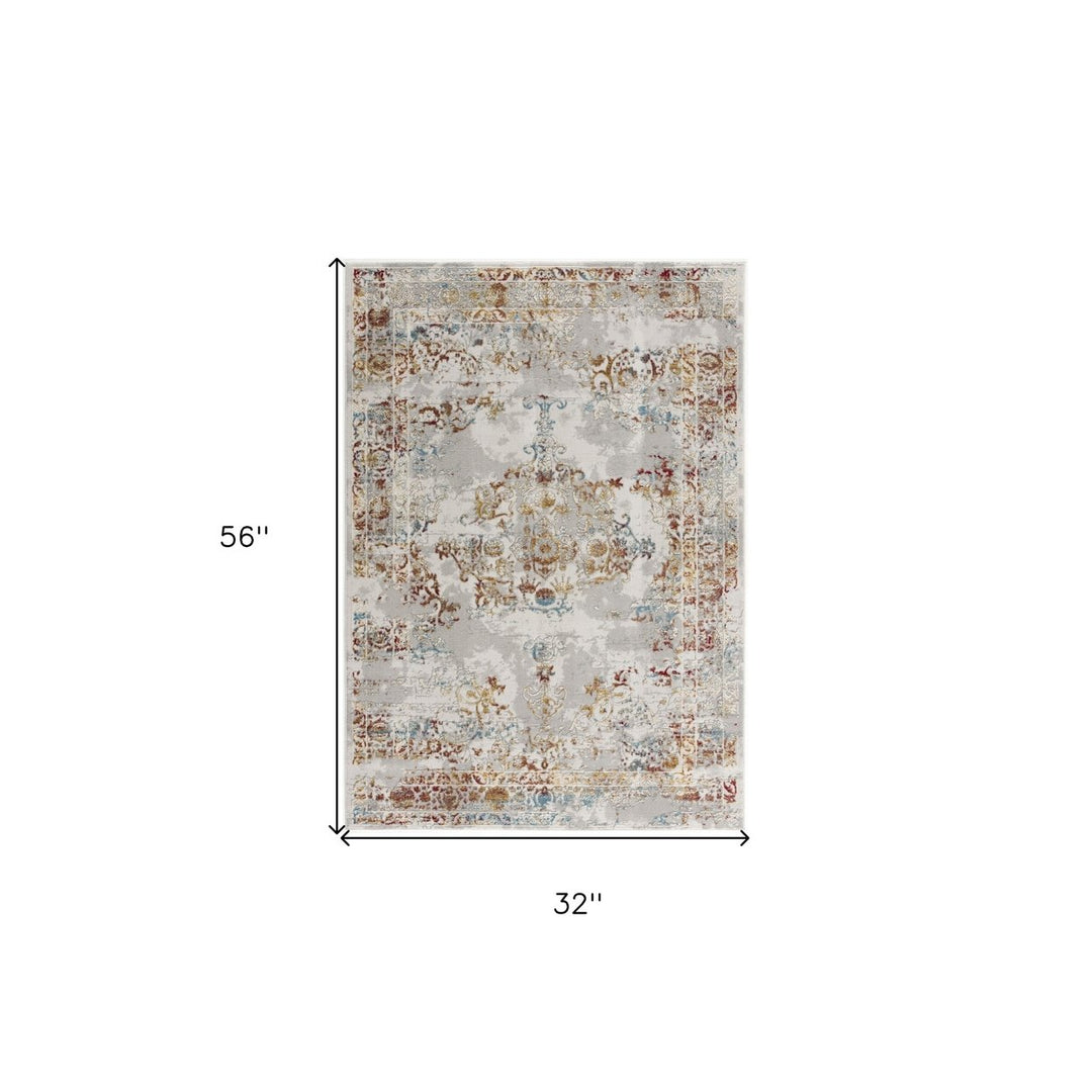 3 X 5 Gray And Beige Distressed Ornate Area Rug Image 1