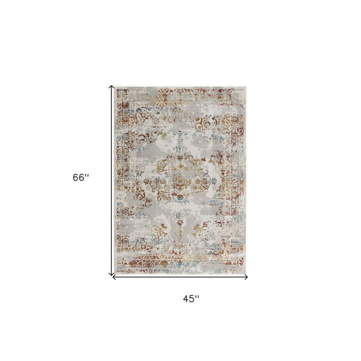 3 X 5 Gray And Beige Distressed Ornate Area Rug Image 1