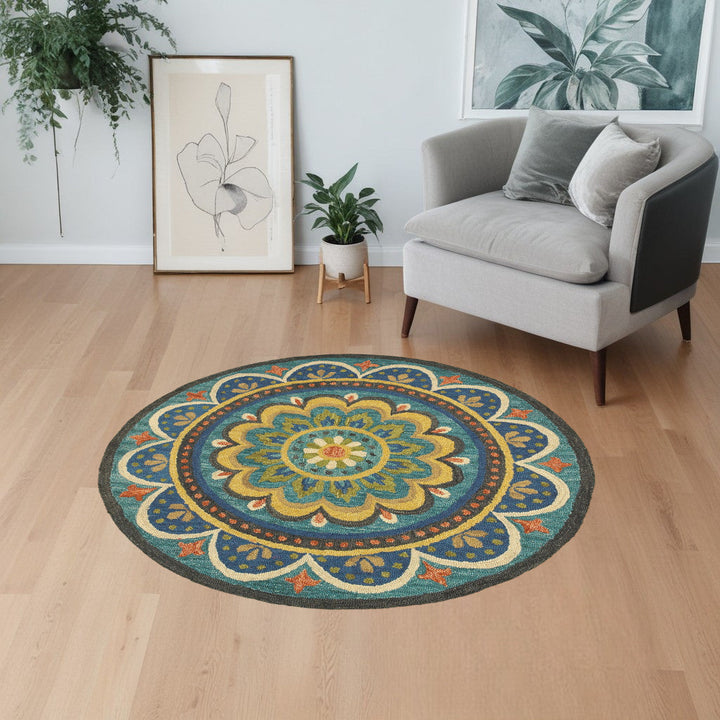 4 Blue and Orange Round Wool Floral Medallion Hand Tufted Area Rug Image 2