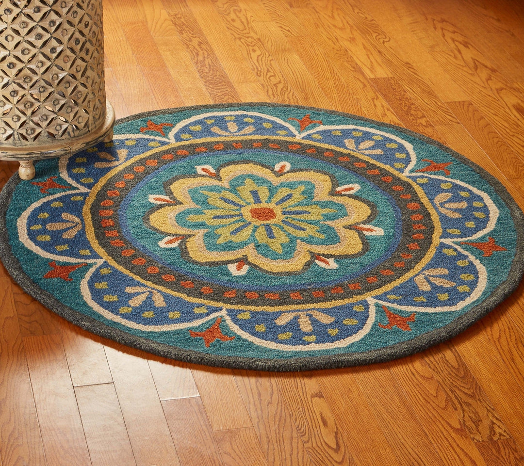 4 Blue and Orange Round Wool Floral Medallion Hand Tufted Area Rug Image 9