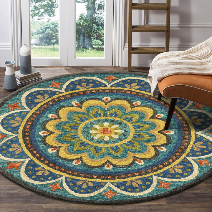 4 Blue and Orange Round Wool Floral Medallion Hand Tufted Area Rug Image 10