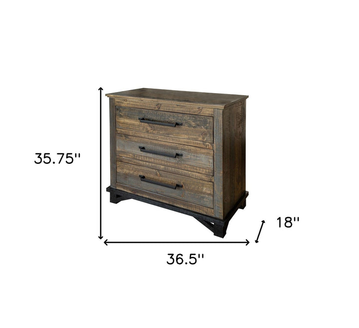 37" Brown and Gray Solid Wood Three Drawer Chest Image 2