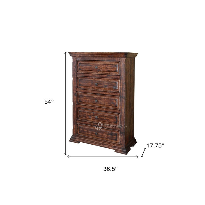 37" Chocolate Solid Wood Five Drawer Chest Image 3