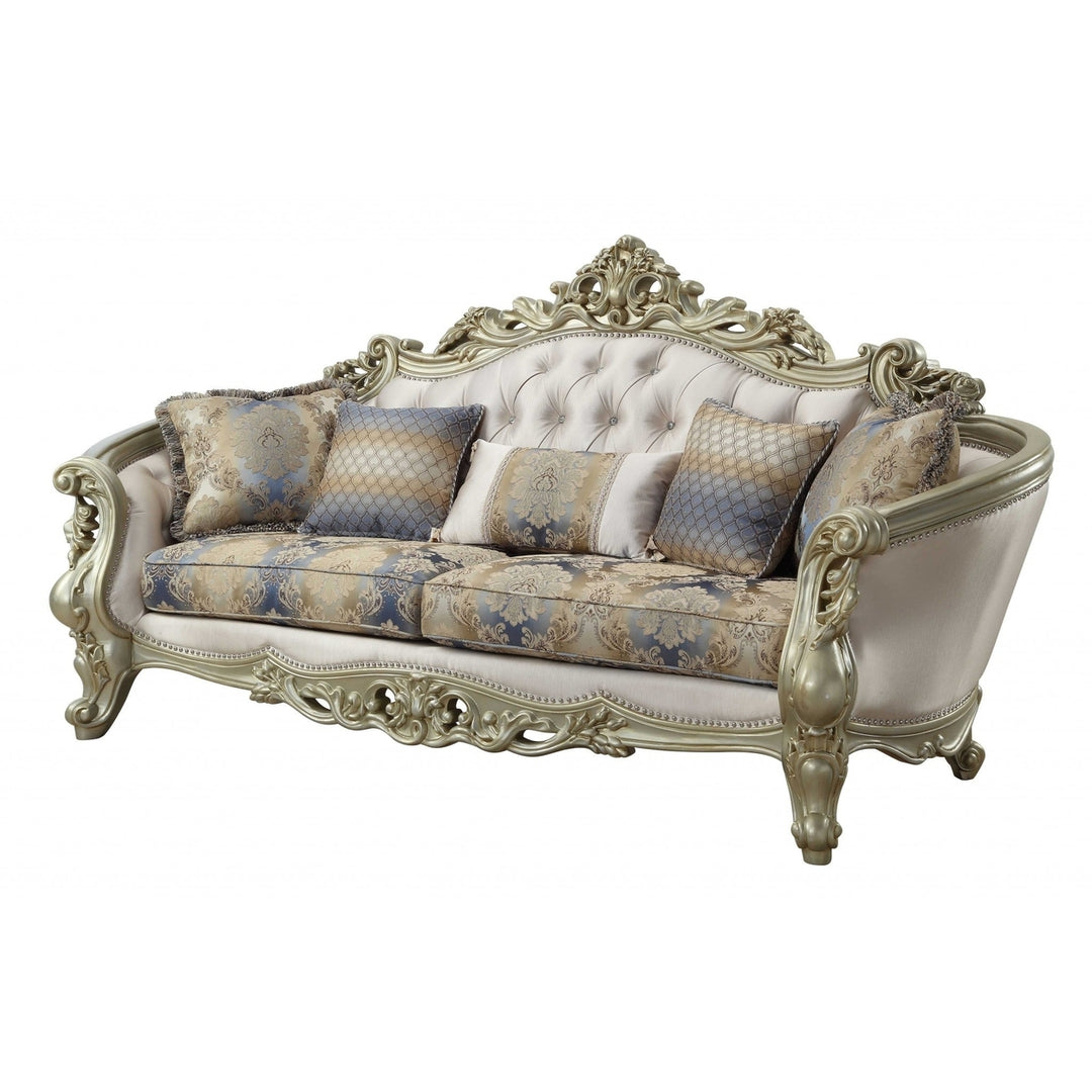 40" Antiqued White Velvet Curved Floral Sofa And Toss Pillows With Champagne Legs Image 1