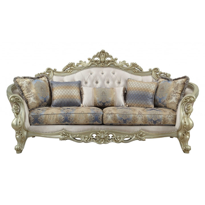 40" Antiqued White Velvet Curved Floral Sofa And Toss Pillows With Champagne Legs Image 2