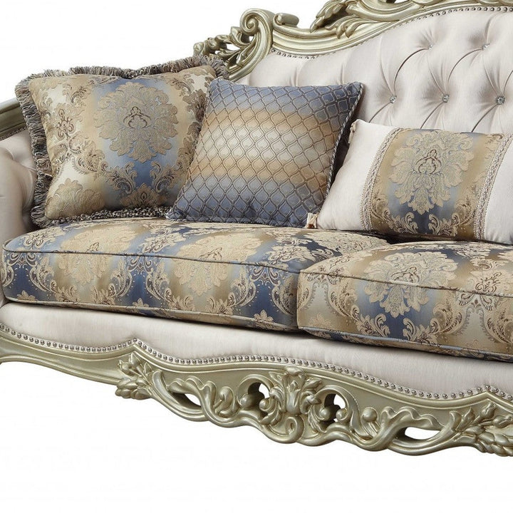 40" Antiqued White Velvet Curved Floral Sofa And Toss Pillows With Champagne Legs Image 4