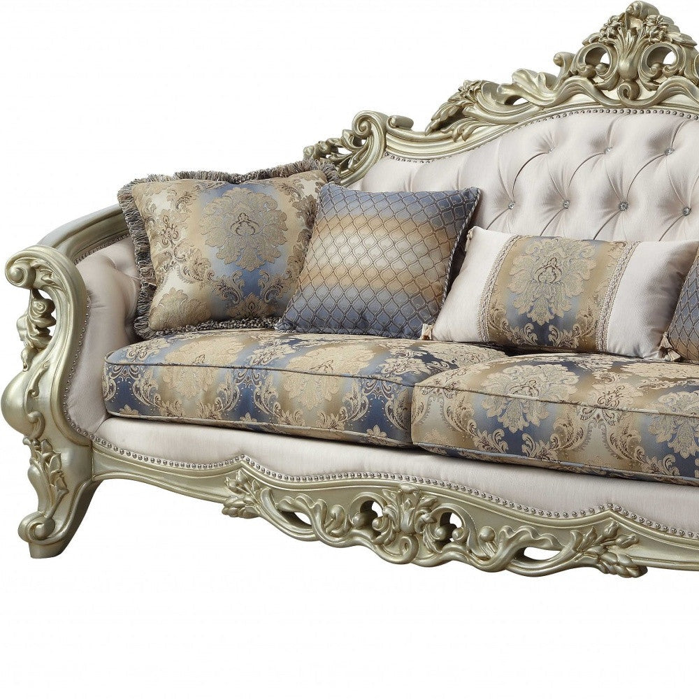 40" Antiqued White Velvet Curved Floral Sofa And Toss Pillows With Champagne Legs Image 5