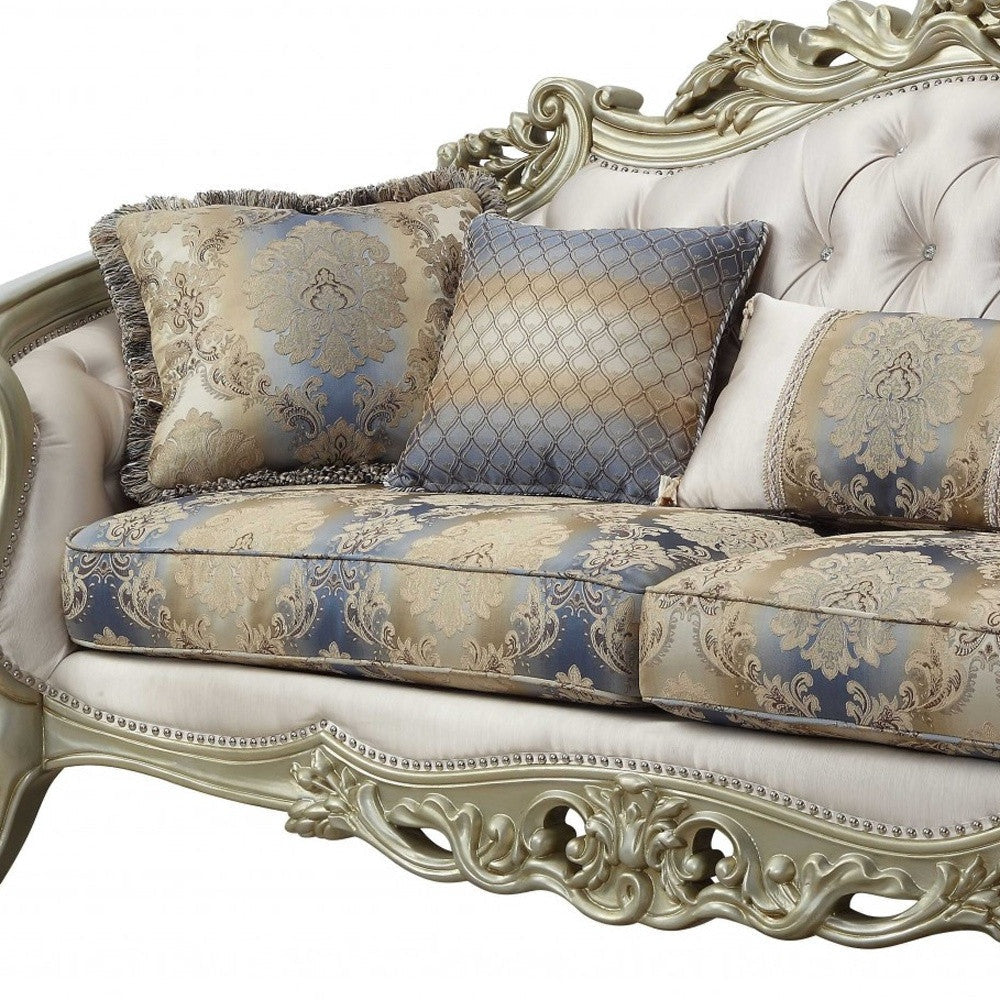 40" Antiqued White Velvet Curved Floral Sofa And Toss Pillows With Champagne Legs Image 6