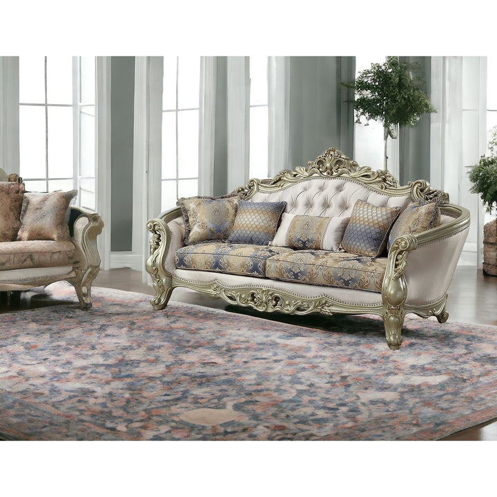 40" Antiqued White Velvet Curved Floral Sofa And Toss Pillows With Champagne Legs Image 7