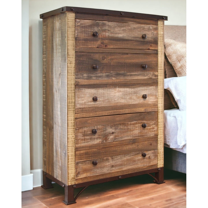 36" Brown Solid Wood Five Drawer Chest Image 5