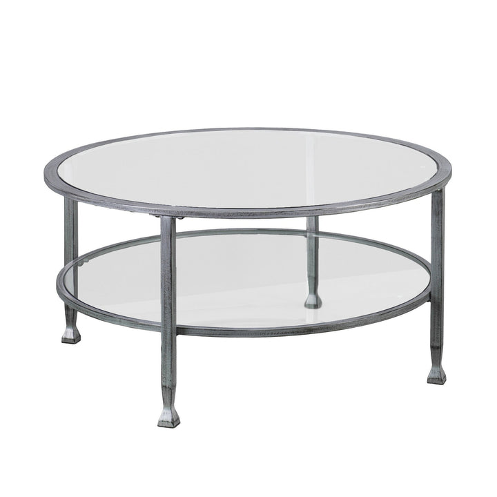 36" Silver Glass And Metal Round Coffee Table Image 2