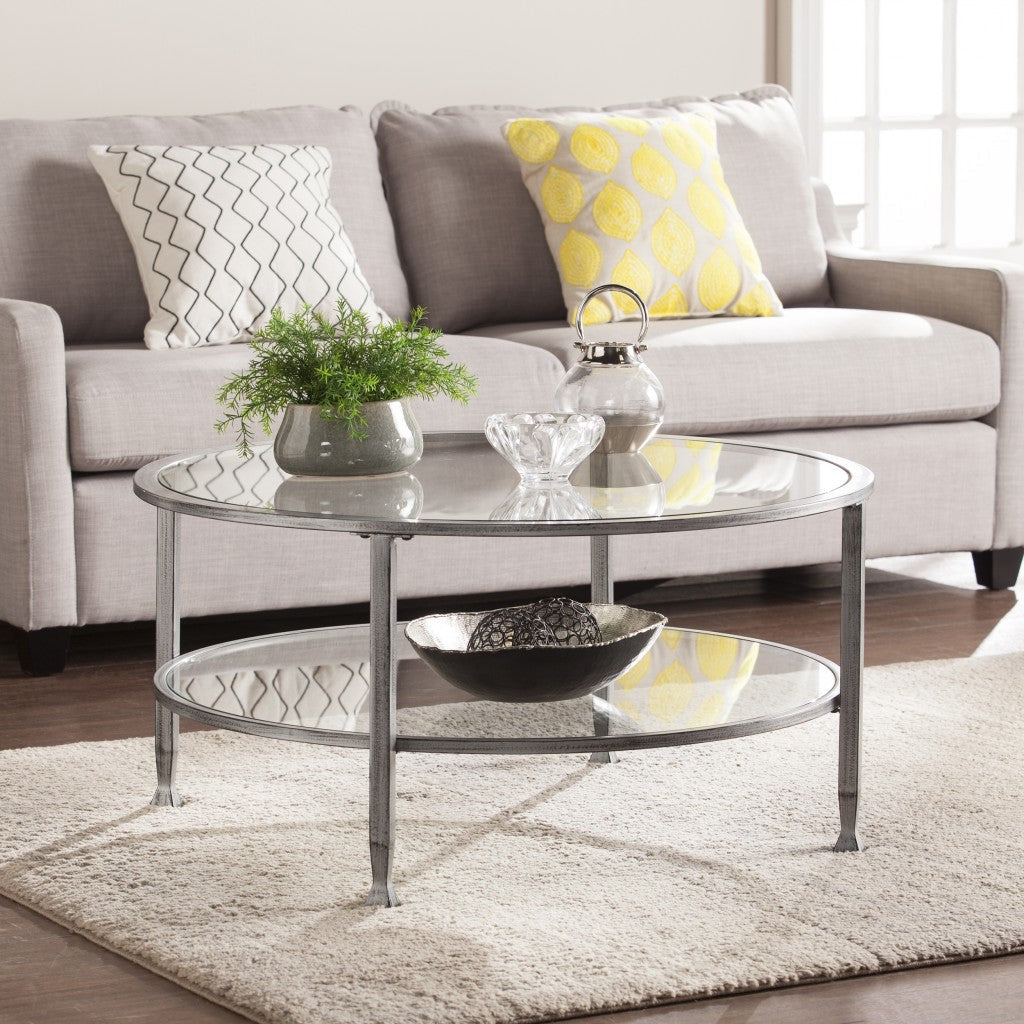 36" Silver Glass And Metal Round Coffee Table Image 9