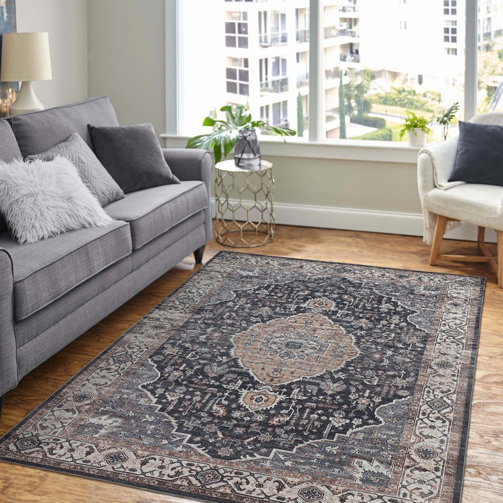 4 X 6 Black Oriental Power Loom Stain Resistant Area Rug Image 3